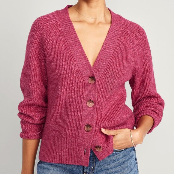 Old Navy Sweaters - OLD NAVY Shaker Stitch Cardigan Sweater Magenta / Berry Pink Chunky Knit Relaxed